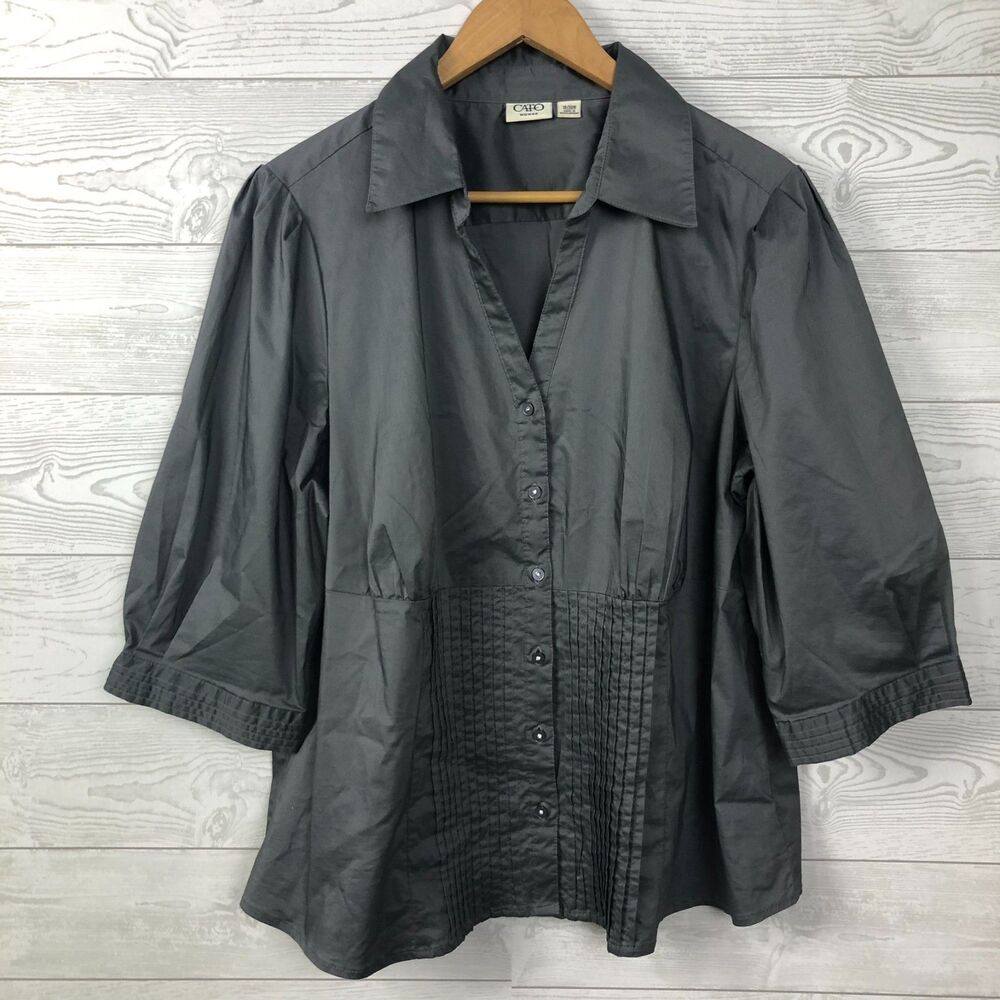 Cato Women's 18/20W Button Front Shirt 3/4 Sleeve Collared Cotton Blend Gray